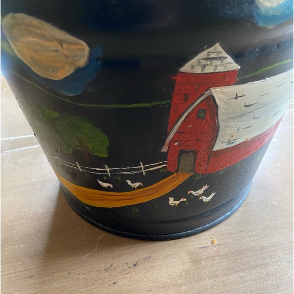 Folk Art Barnyard Scene on a Metal Pail - Picture 1 of 7